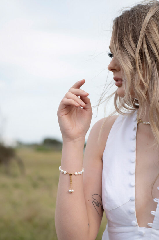 Gold ball and fresh water pearl bracelet with toggle clasp |Coraline -Jeanette Maree