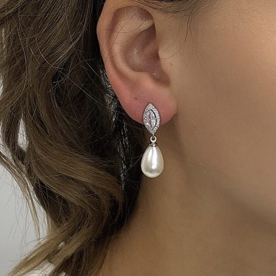 Is there a better combination than crystal and pearl for a bridal earring? nThese pretties have precision cut cubic zircon tops and are evenly balanced with a pearl drop. nAllergy and nickel free, all you need to worry about is how much you’ll shine on the wedding day.