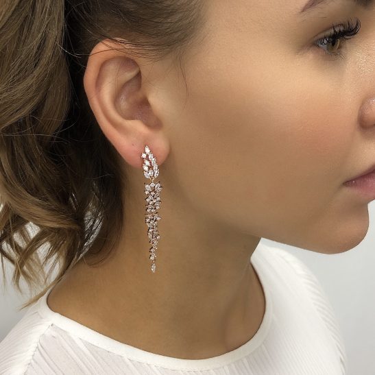 Made of the finest precision cut cubic zircons the quality of these bridal earrings is noticeable at first glance. nIntricately set crystals are joined together to create this stunning design. nFinished in allergy and nickel free rhodium plating to add to a worry free day.