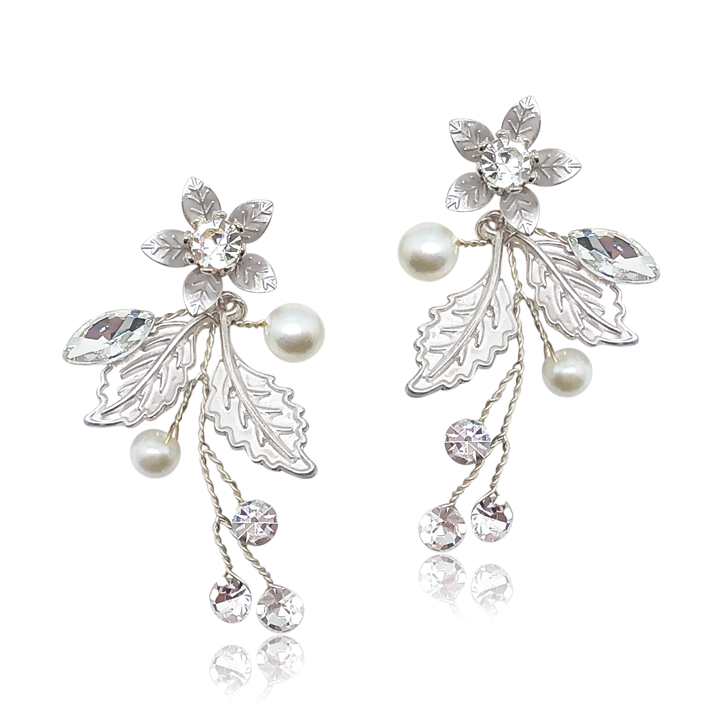 Silver pearl and flower bridal earring modern
