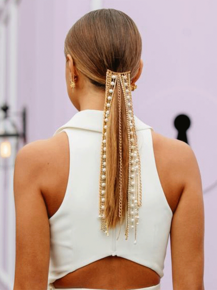 Gold and Pearl Hair Chain on comb Spring Racing
