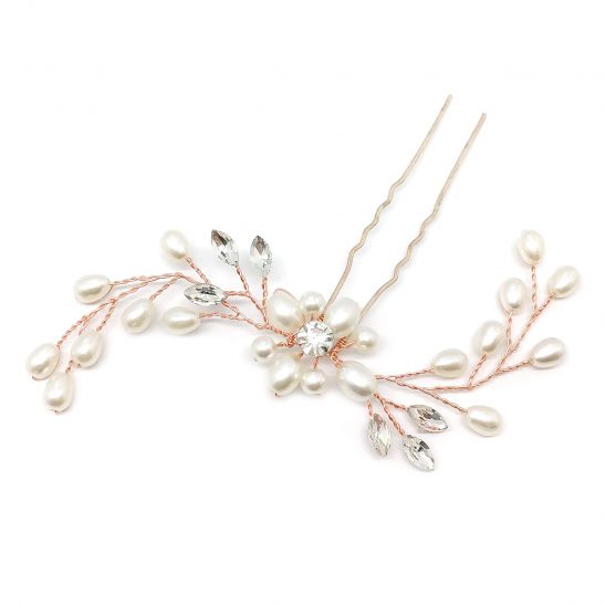 Bridal hair pin in rose gold with pearls