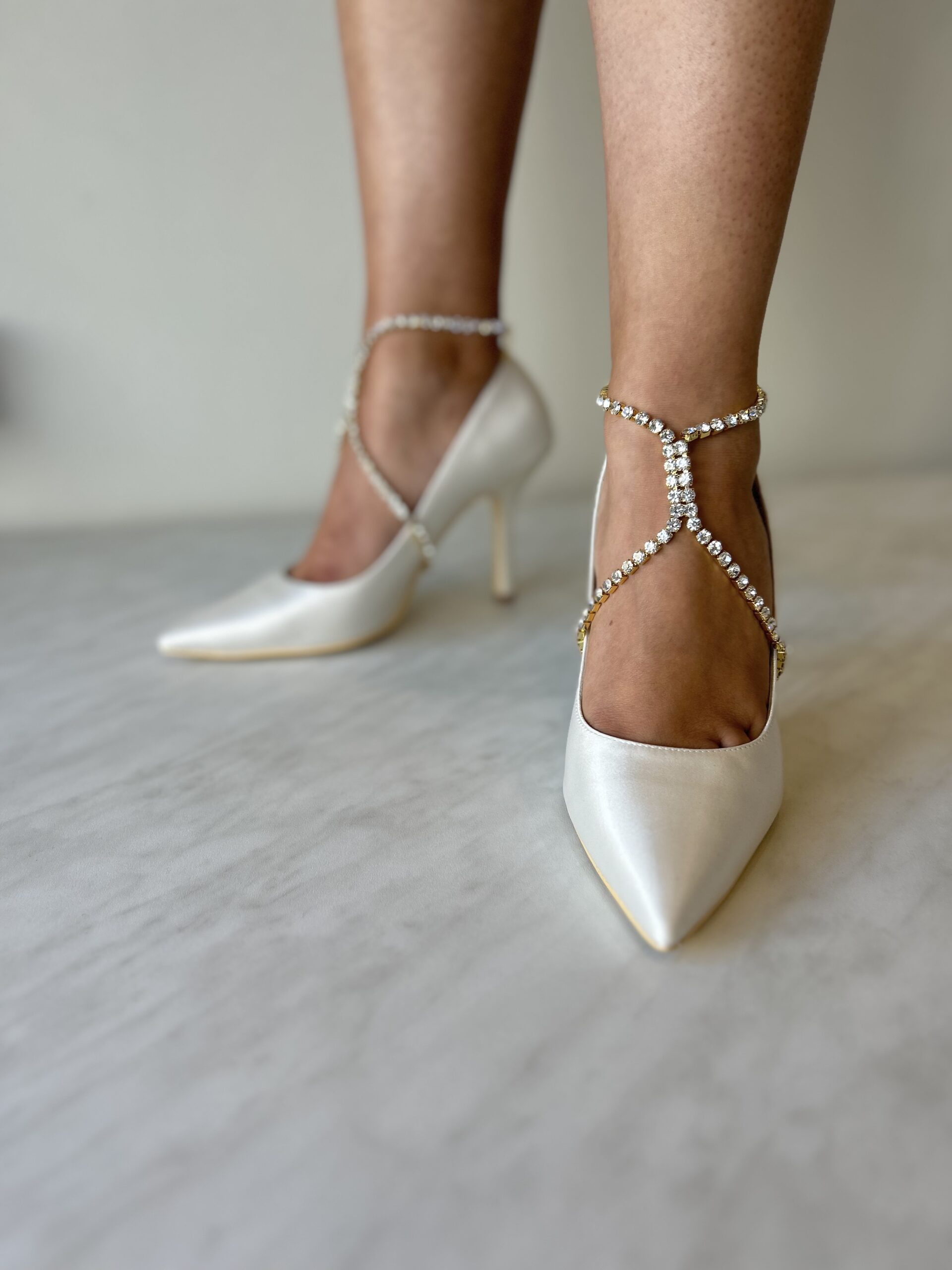 Daniela - Satin Pointed Toe Stiletto With Ankle Bracelet - Soft White |  Georgies Bridal Shoes