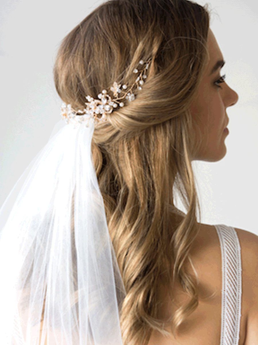 Gold and Pearl Flower Leaf Bridal Hair Pin